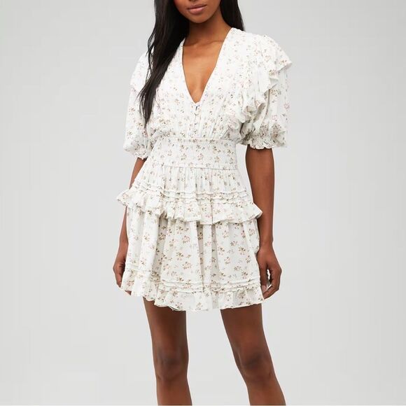 Jen's Pirate Booty Petit Floral Cream Puff Sleeve Dress Medium - Picture 1 of 9